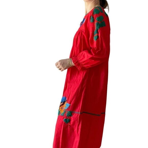 Vintage 1970s Womens Saybury Red Floral Duck Embroidered Cottagecore Dress Sz M - Picture 4 of 7